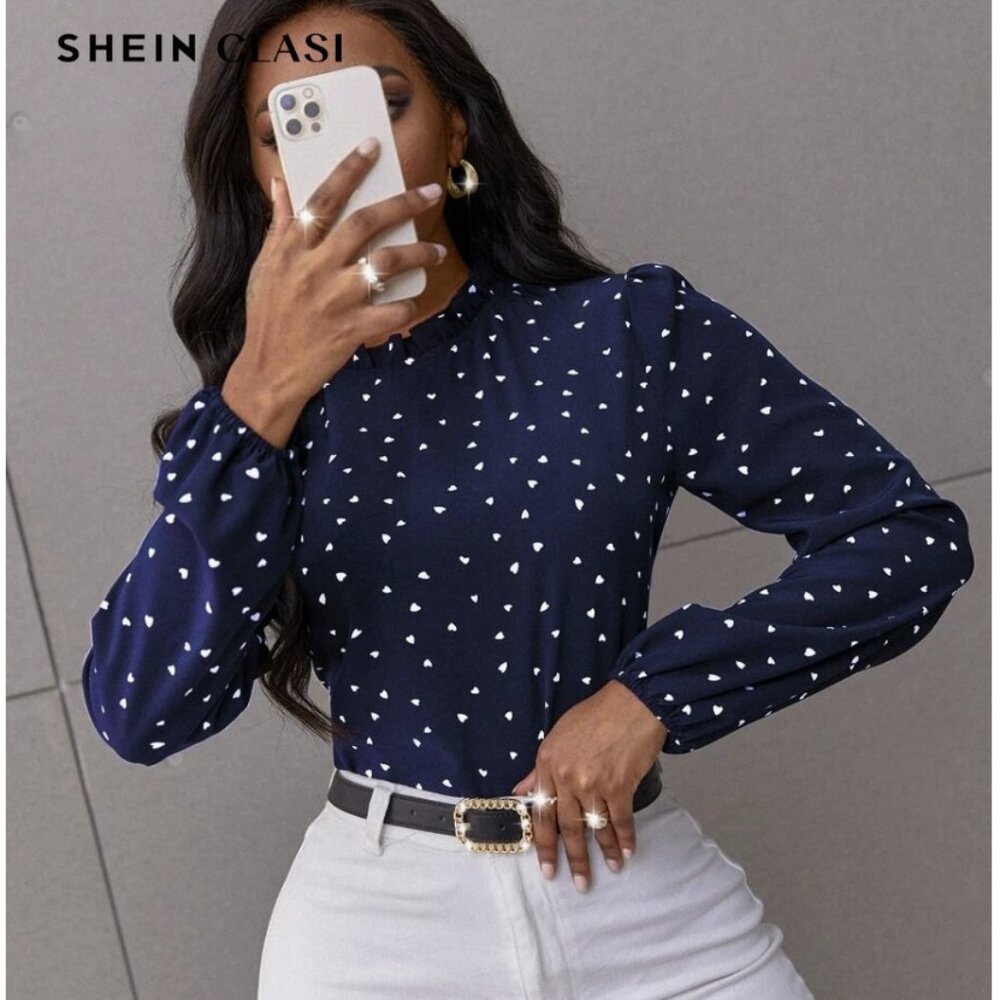NEW! SHEIN Clasi Confetti Heart Print Bishop Sleeve Frilled Neck Blouse
